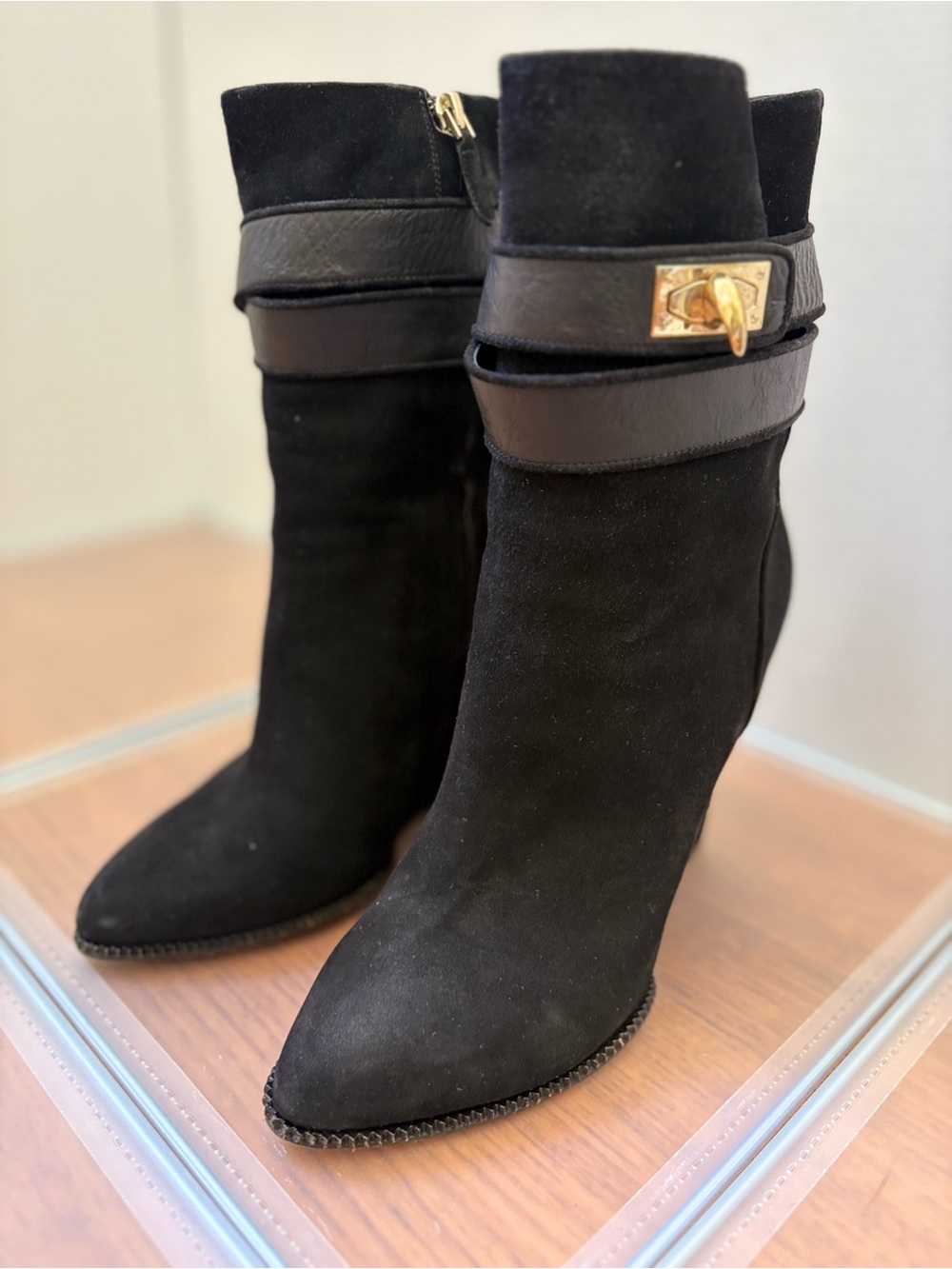 Givenchy Black Suede Wedge Ankle Boots Gold-Tone Shark Tooth Clasp • Size 40.5 - Picture 3 of 15